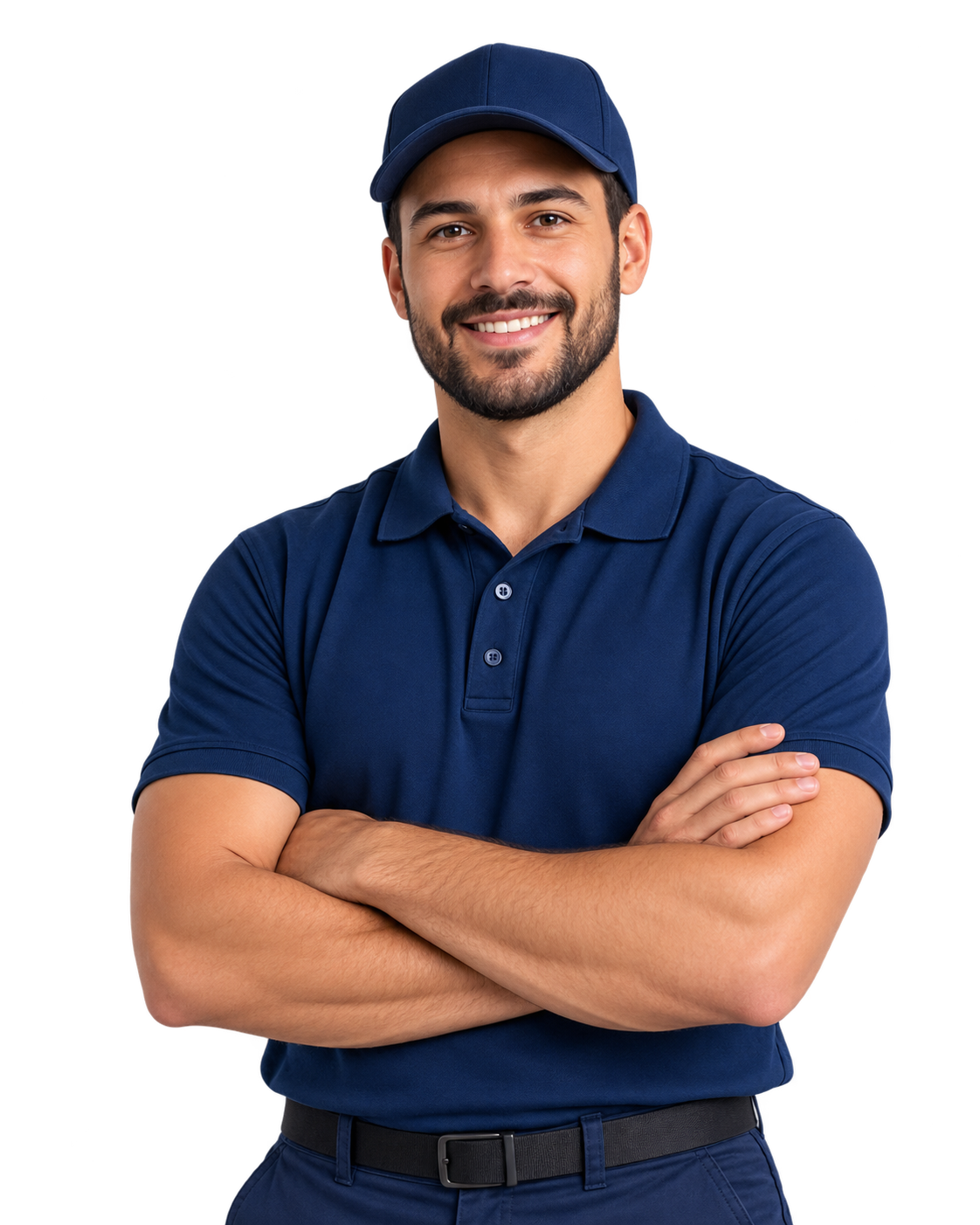 Profissional GetService sorrindo, com uniforme azul e braços cruzados